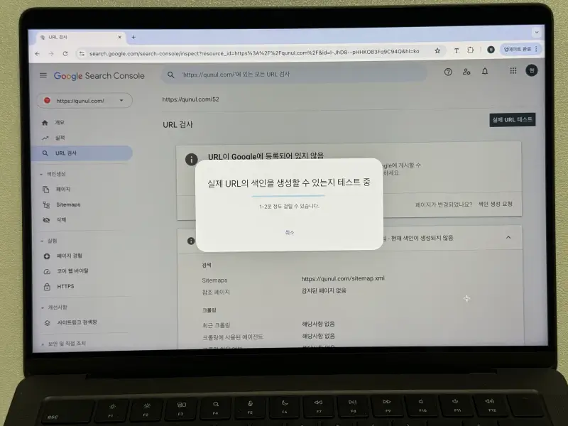 구글 서치콘솔 색인 생성할 수 있는지 테스트 중 알럿 사진