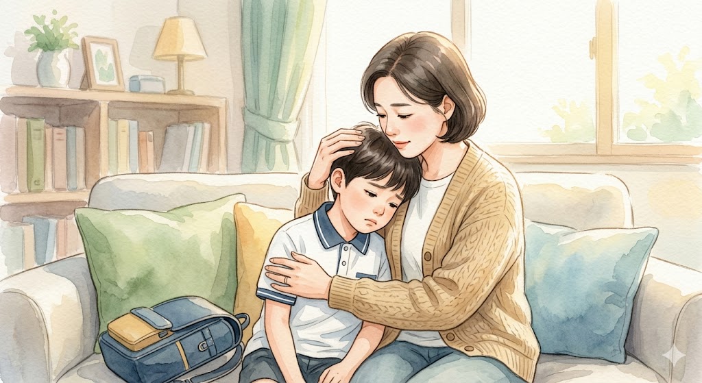 엄마가 침울해하는 초등학생 아이를 따뜻하게 안아주며 대화하고 있다. 아이는 엄마의 품에 얼굴을 묻고 있고, 엄마는 아이를 위로하고 있다.