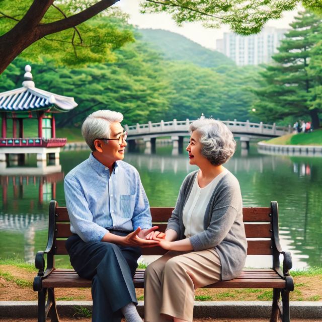 공원에서 은퇴 계획을 논의하는 노년의 부부