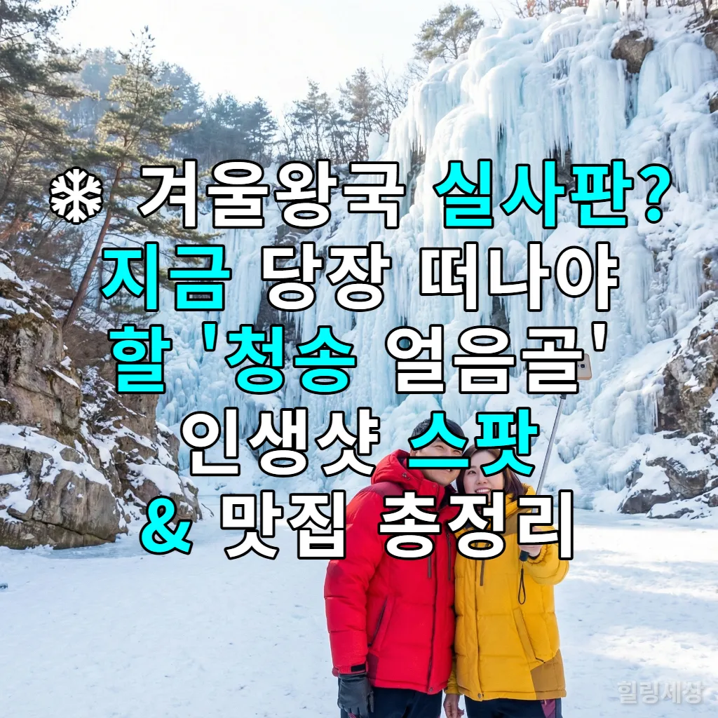 청송 얼음골의 거대한 빙벽을 배경으로 즐겁게 사진을 찍고 있는 한국인 커플의 모습