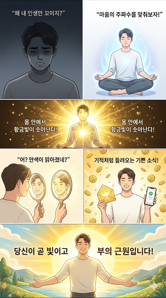'Money-Rashinban' 브랜드의 품격 있는 6컷 세로형 만화. 어두운 안색의 인물이 명상을 통해 Golden Light 에너지를 분출하고, 환해진 안색과 함께 재물운을 맞이하는 과정을 보여준다. 마지막 컷에는 "당신이 곧 빛이고 부의 근원입니다!"라는 큰 한글 문구가 적혀 있다.