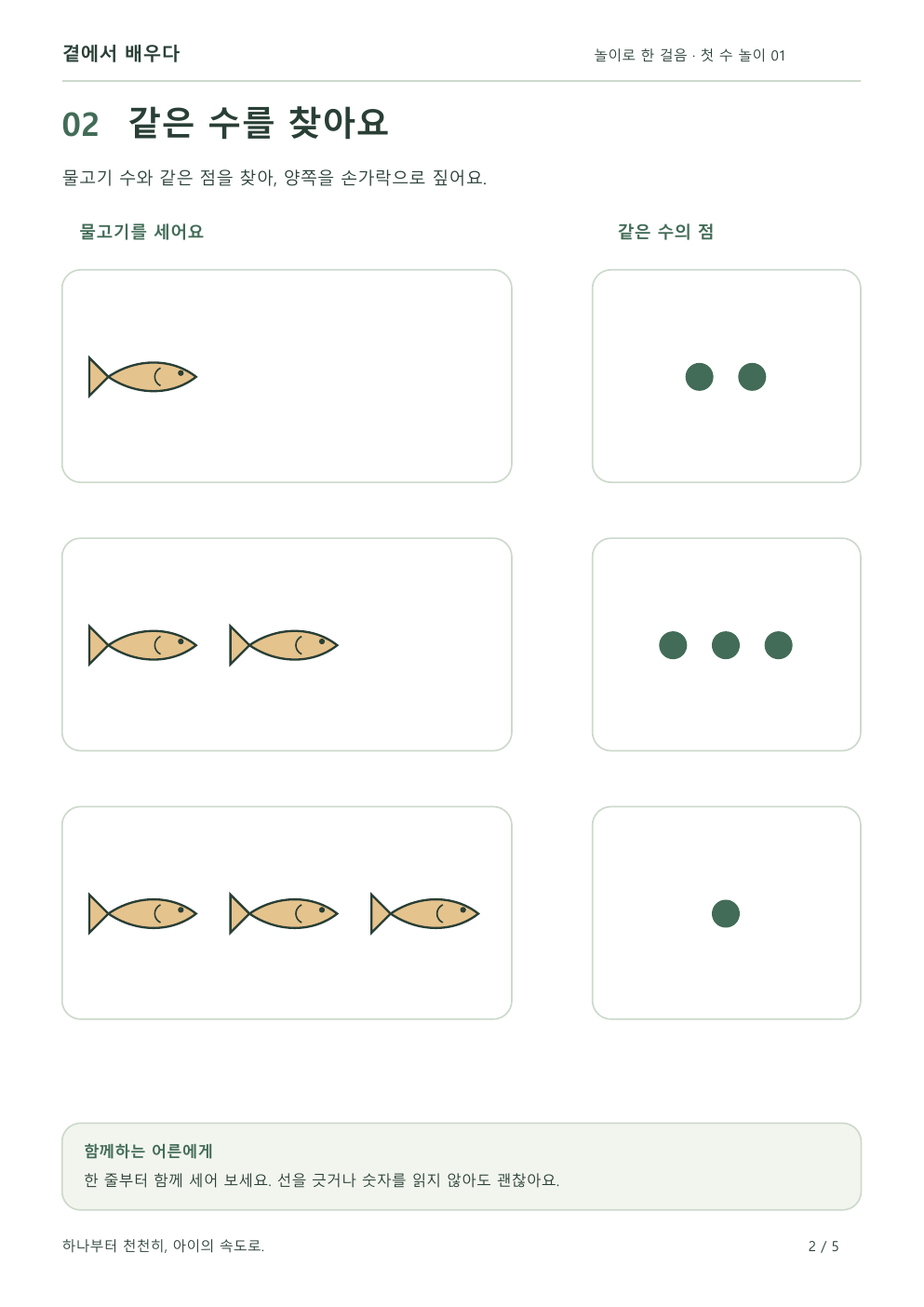 물고기 한 두 세 마리와 점 두 세 한 개를 같은 수끼리 연결하는 활동지