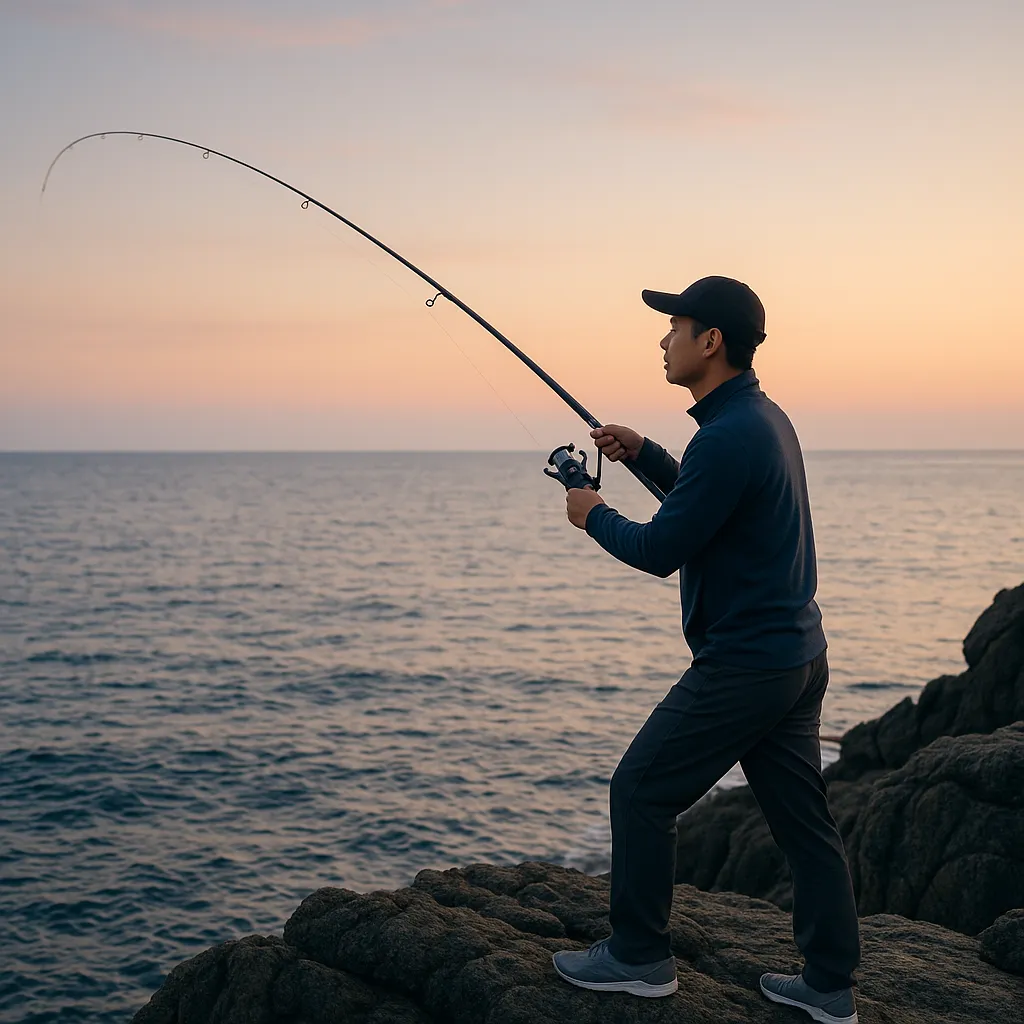 해돋이 바닷가 바위에서 낚시하는 모습