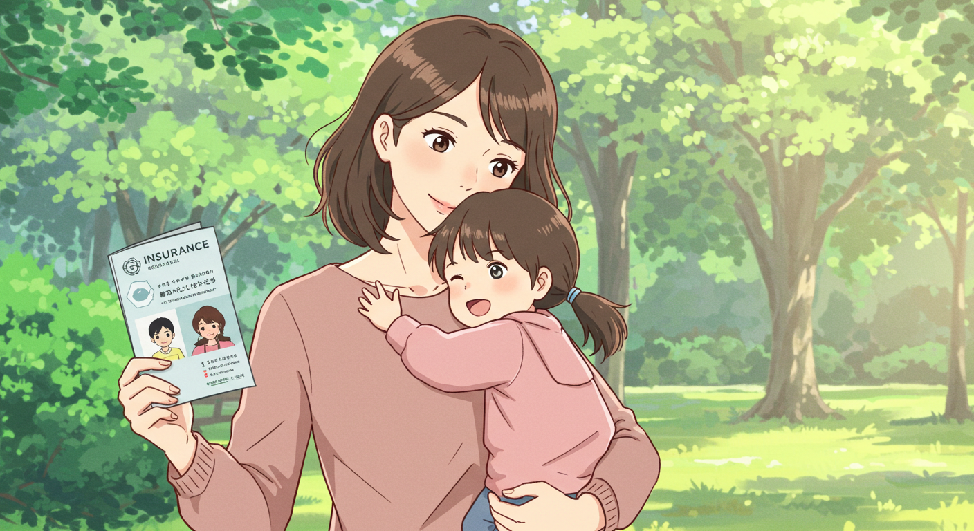 아이를 안고 보험 안내서를 들고 있는 엄마 일러스트