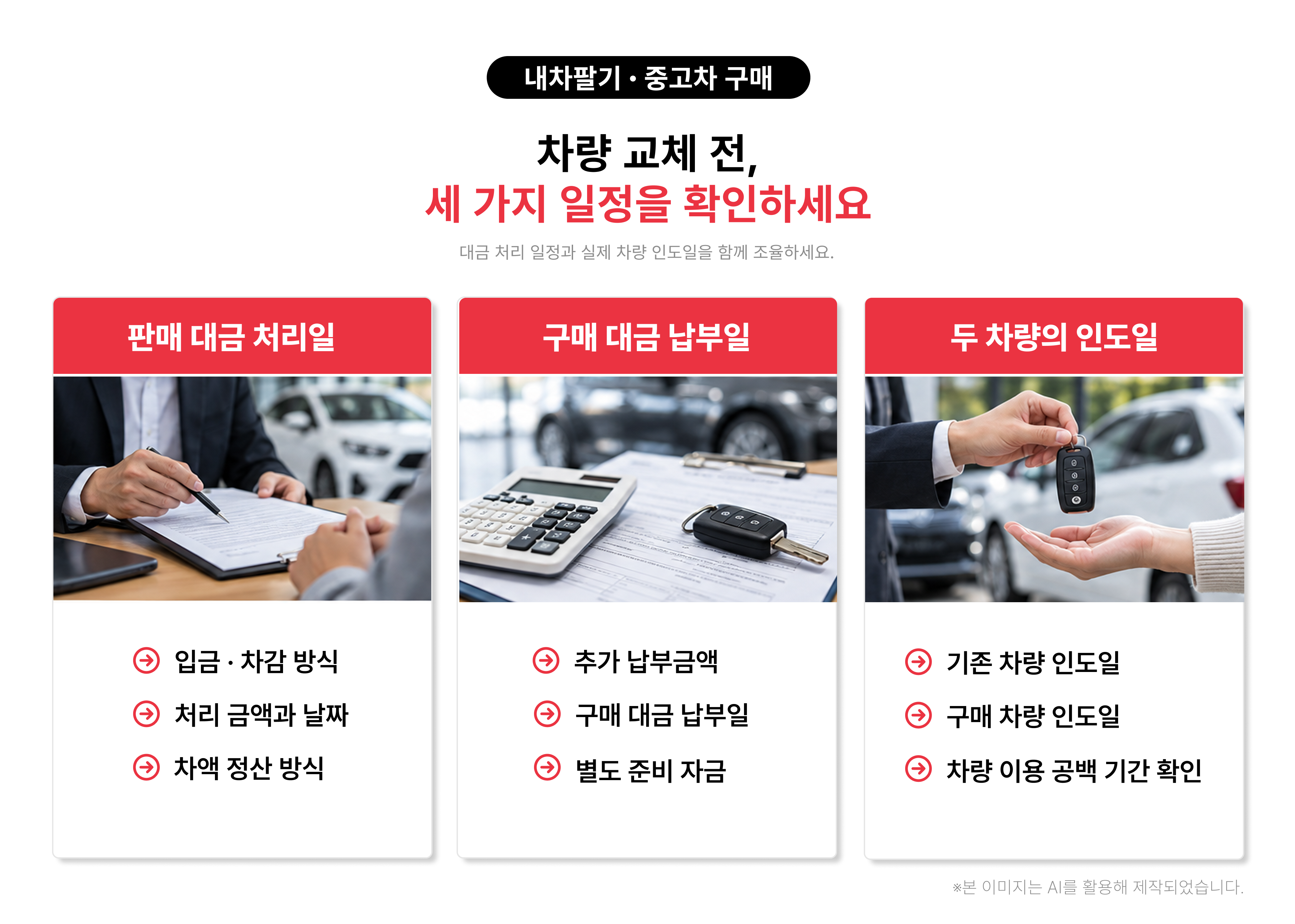 T car 내차팔기와 중고차 구매 시 확인할 세 가지 일정: 판매 대금 처리일, 구매대금 납부일, 기존 차량과 구매 차량의 인도일