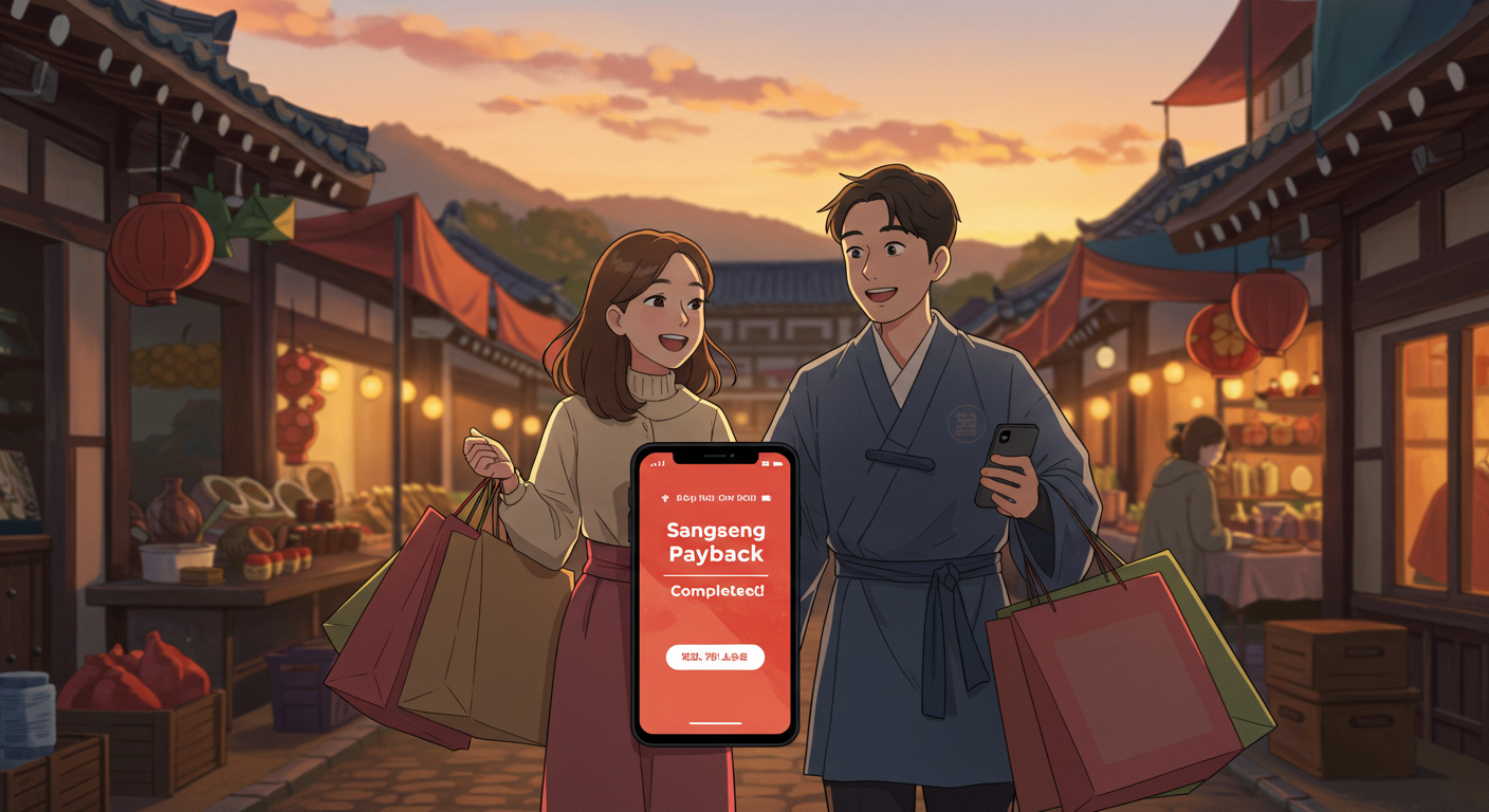 상생페이백으로 혜택을 받고 전통시장에서 쇼핑하는 부부