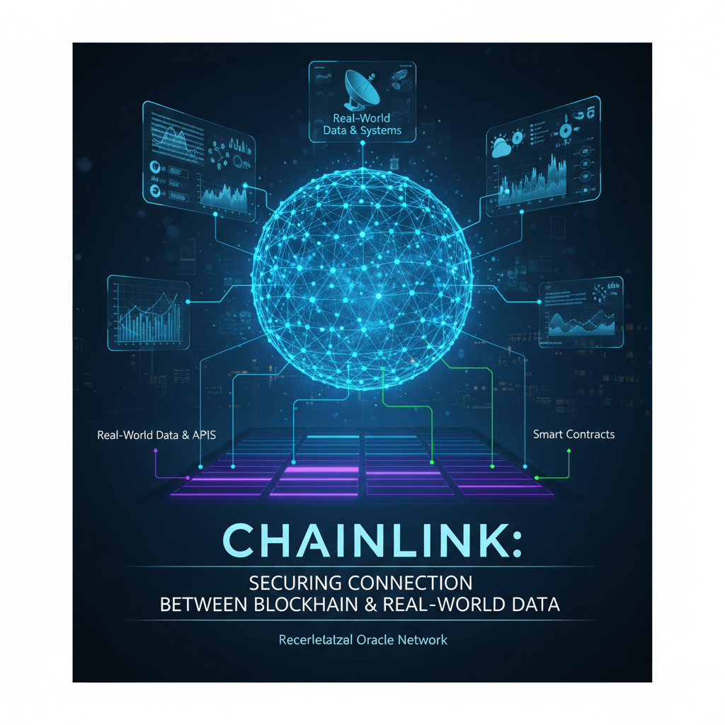 체인링크가 블록체인과 실제 데이터를 연결하는 핵심 역할을 설명하는 인포그래픽. 중앙의 노드 네트워크 구체 주위로 실제 데이터 시스템, API, 스마트 계약 등의 개념이 표현되어 있다.
