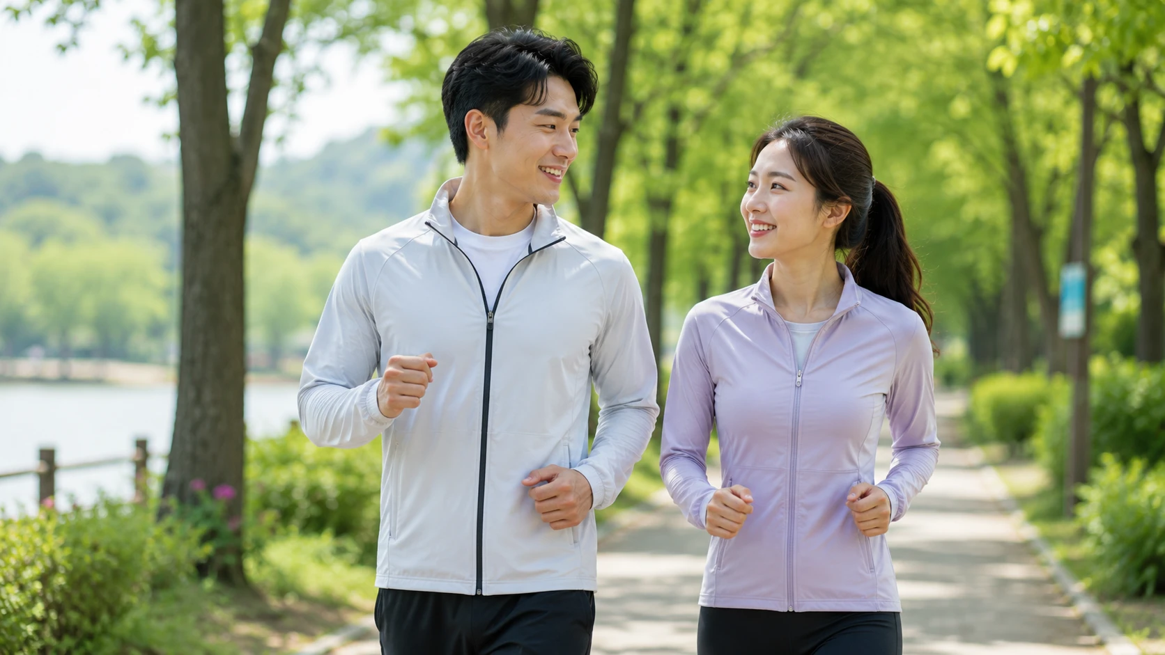 대사증후군 예방을 위해 공원에서 함께 걷기 운동을 하는 청년 부부 모습
