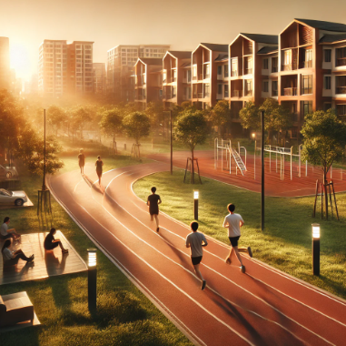 집 앞 운동장 트랙에서 달리기 운동을하고 있는 사람들