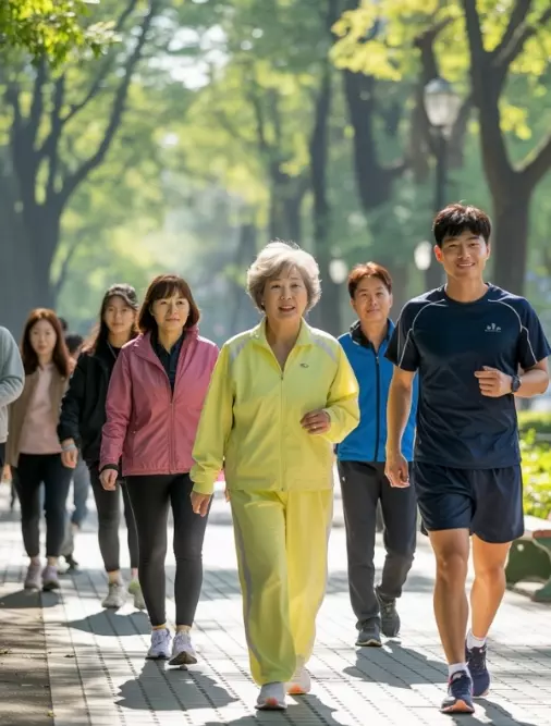 공원에서 걷기 운동 중인 사람들