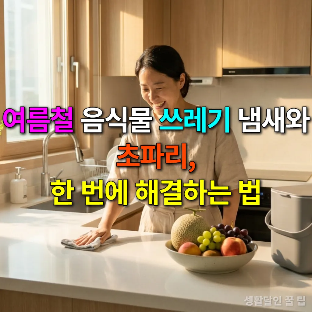 여름철 깨끗하게 정돈된 주방에서 웃으며 카운터를 닦는 한국 여성