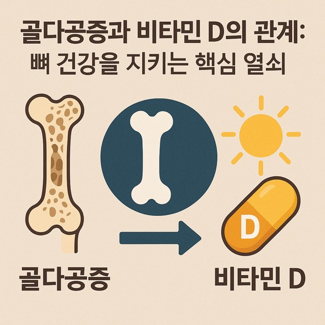 골다공증을 예방하는 데 중요한 비타민 D의 역할을 시각적으로 표현한 건강 인포그래픽.