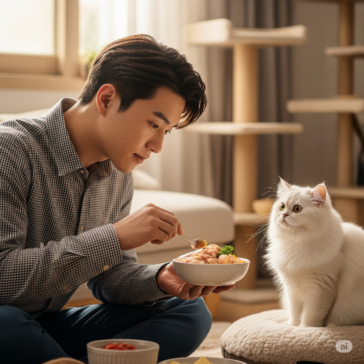 집사가 고양이에게 맞춤형 사료를 급여하는 모습