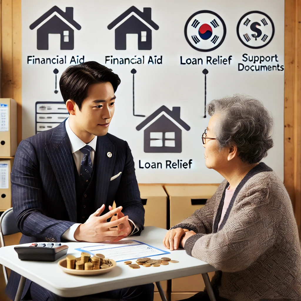 공무원이 노인 피해자에게 재정 지원을 설명하는 모습 