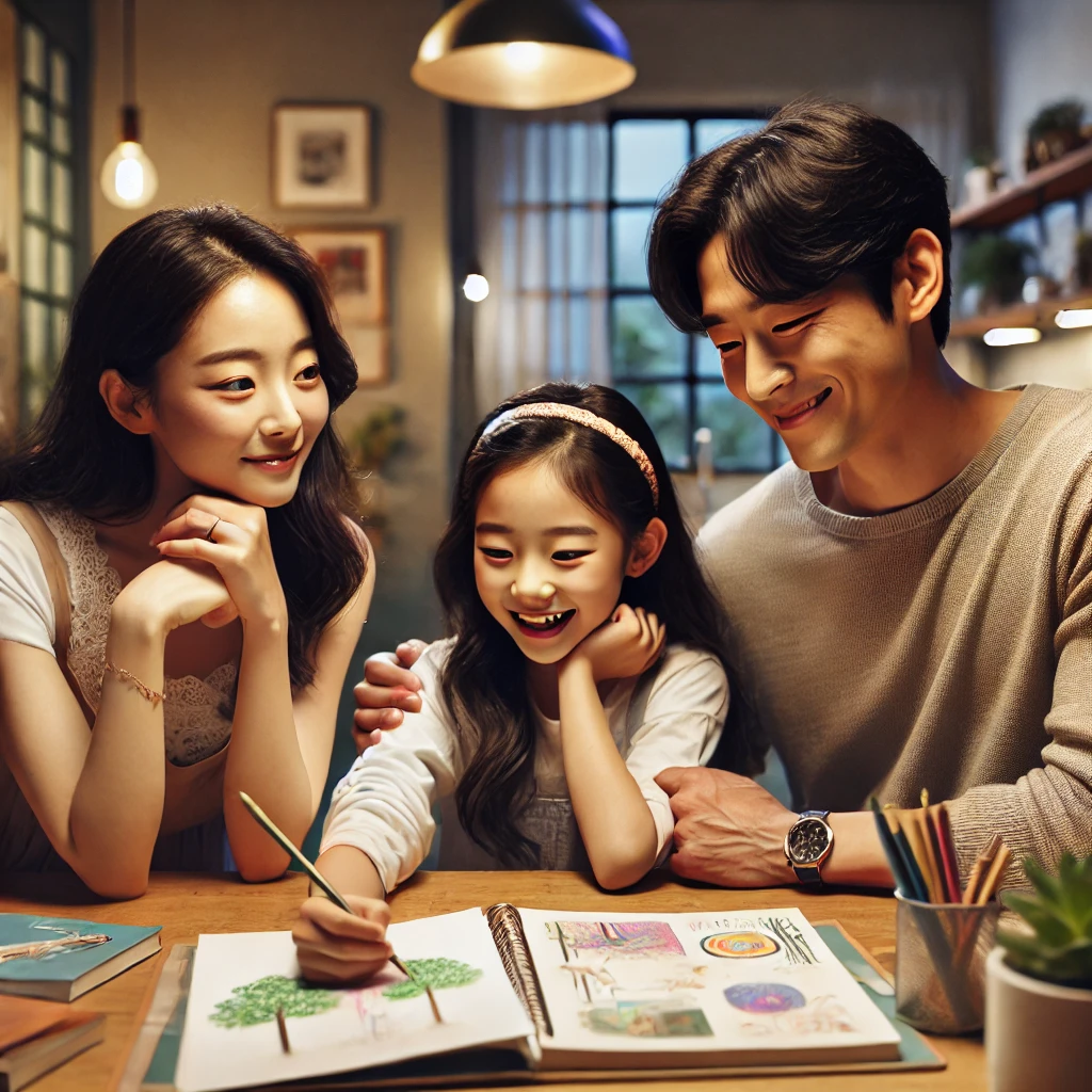 따뜻한 주방 테이블에서 딸의 창작물을 보며 응원하는 부모, 스케치북을 보여주며 꿈을 이야기하는 아이와 이를 격려하는 부모의 모습, 가족의 사랑과 신뢰가 가득한 아늑하고 환한 분위기.