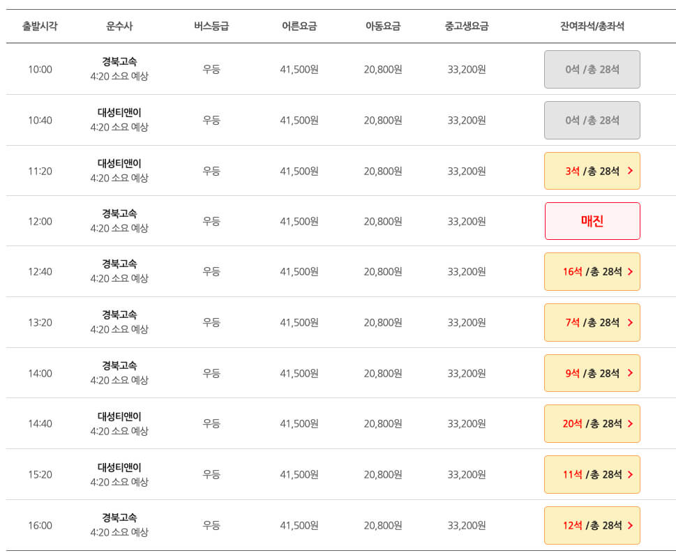 대구-인천공항-리무진버스-시간표