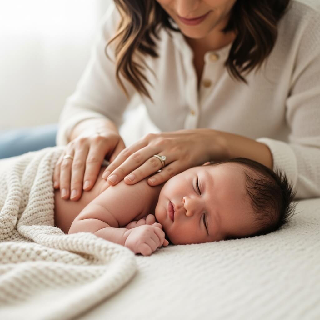 부드러운 손길로 아기 마사지를 하는 부모와 편안하게 누워있는 신생아, 따뜻하고 평화로운 분위기.
