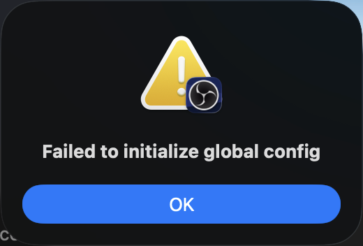 OBS Failed to Initialize Global Config 오류 창이 표시된 모습