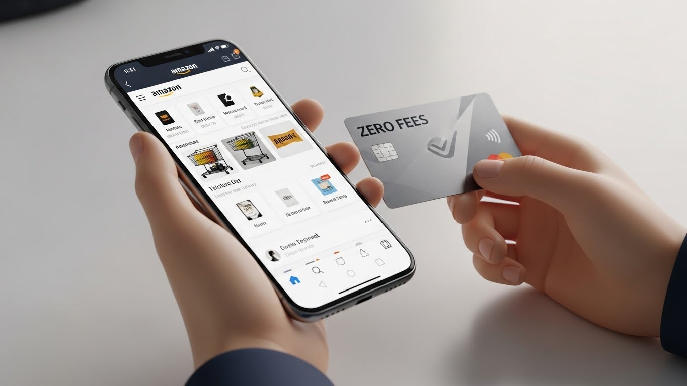 해외 직구 시 수수료 면제 카드를 사용하여 결제하는 모습