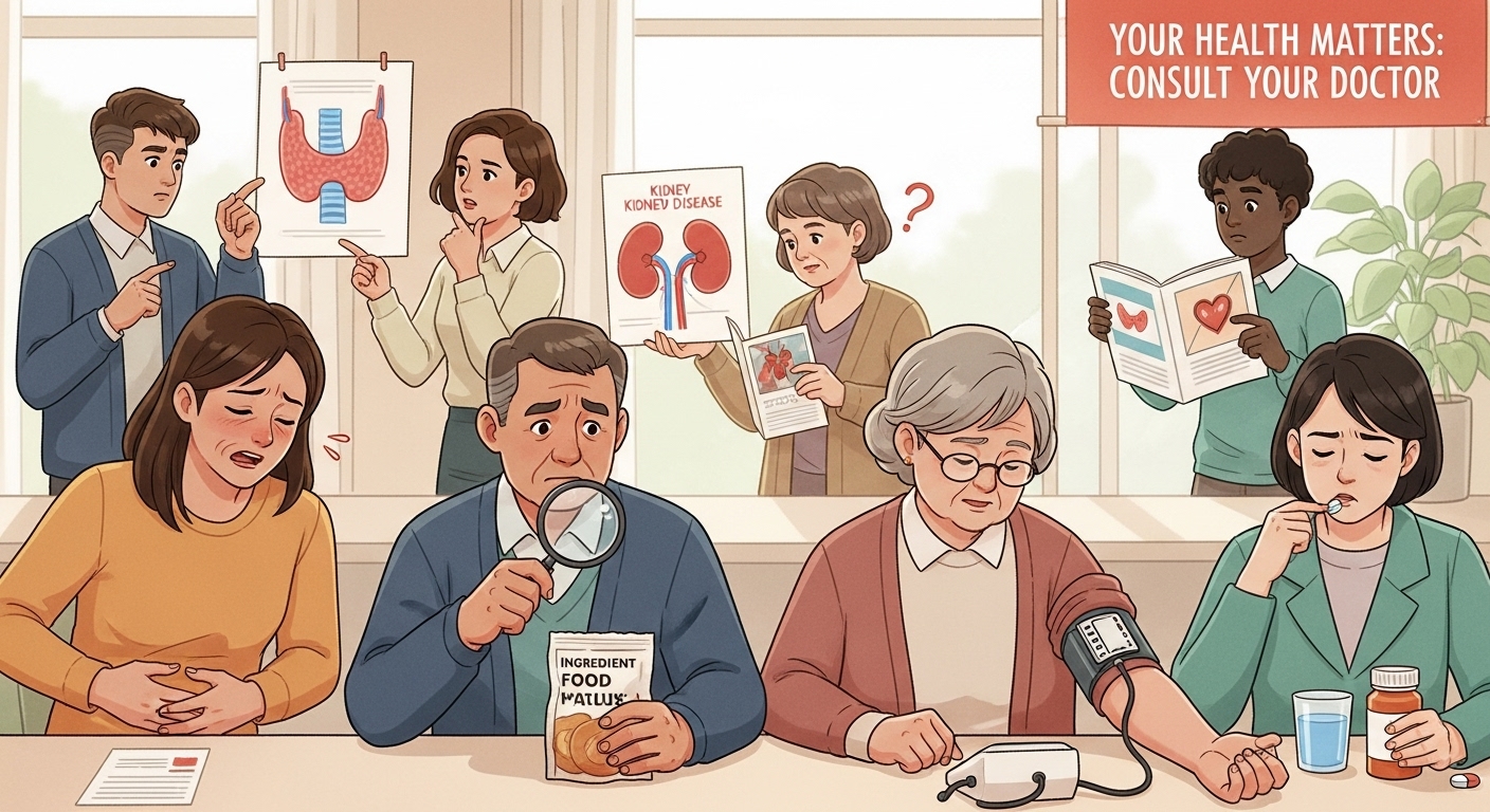 다양한 건강 문제를 가진 사람들이 걱정스러운 표정을 짓고 있는 일러스트. 특정 질환을 가진 사람들의 양배추 사과즙 섭취 주의를 시각적으로 나타냅니다.