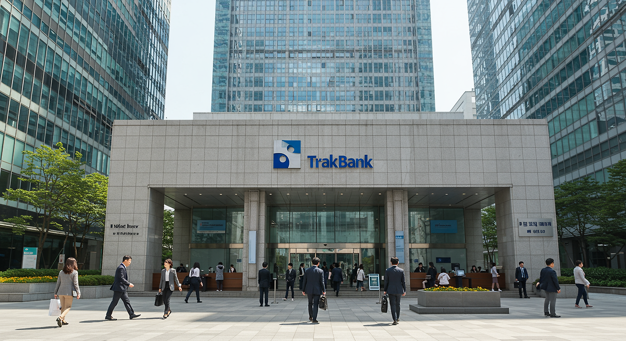 서울의 금융 지구에서 계좌를 개설하러 은행에 들어가는 사람들