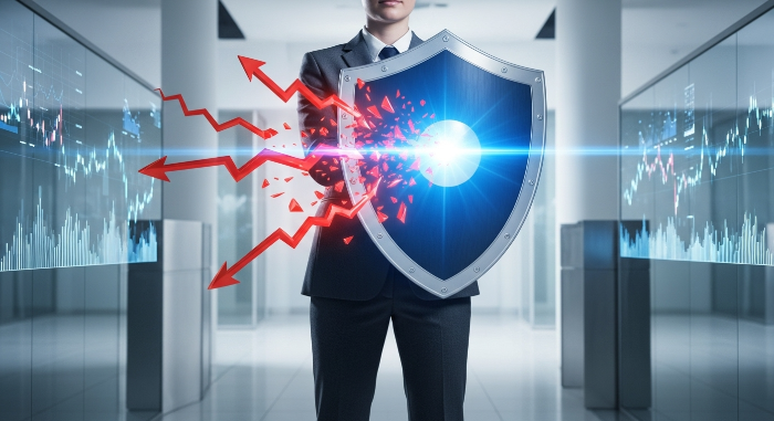 경제적 불안정 속에서 자산을 보호하는 강력한 방패를 들고 자신감 있게 서 있는 사람의 모습.