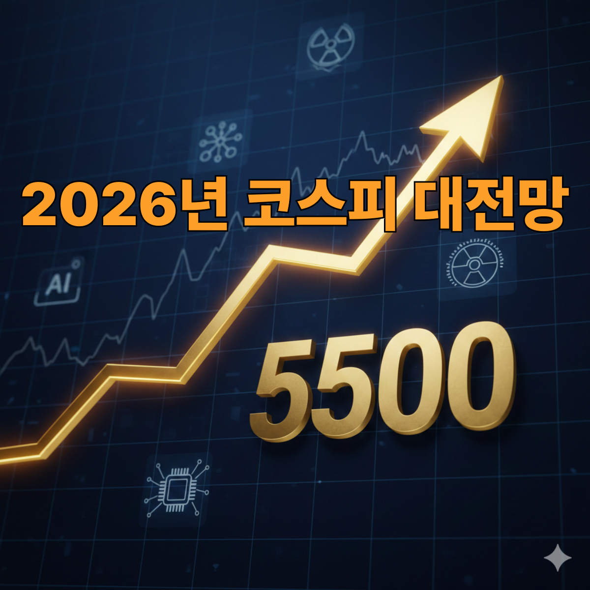 코스피 5500 시나리오에서 유리한 AI·반도체·정책 수혜 종목군을 상징하는 증시 상승 이미지