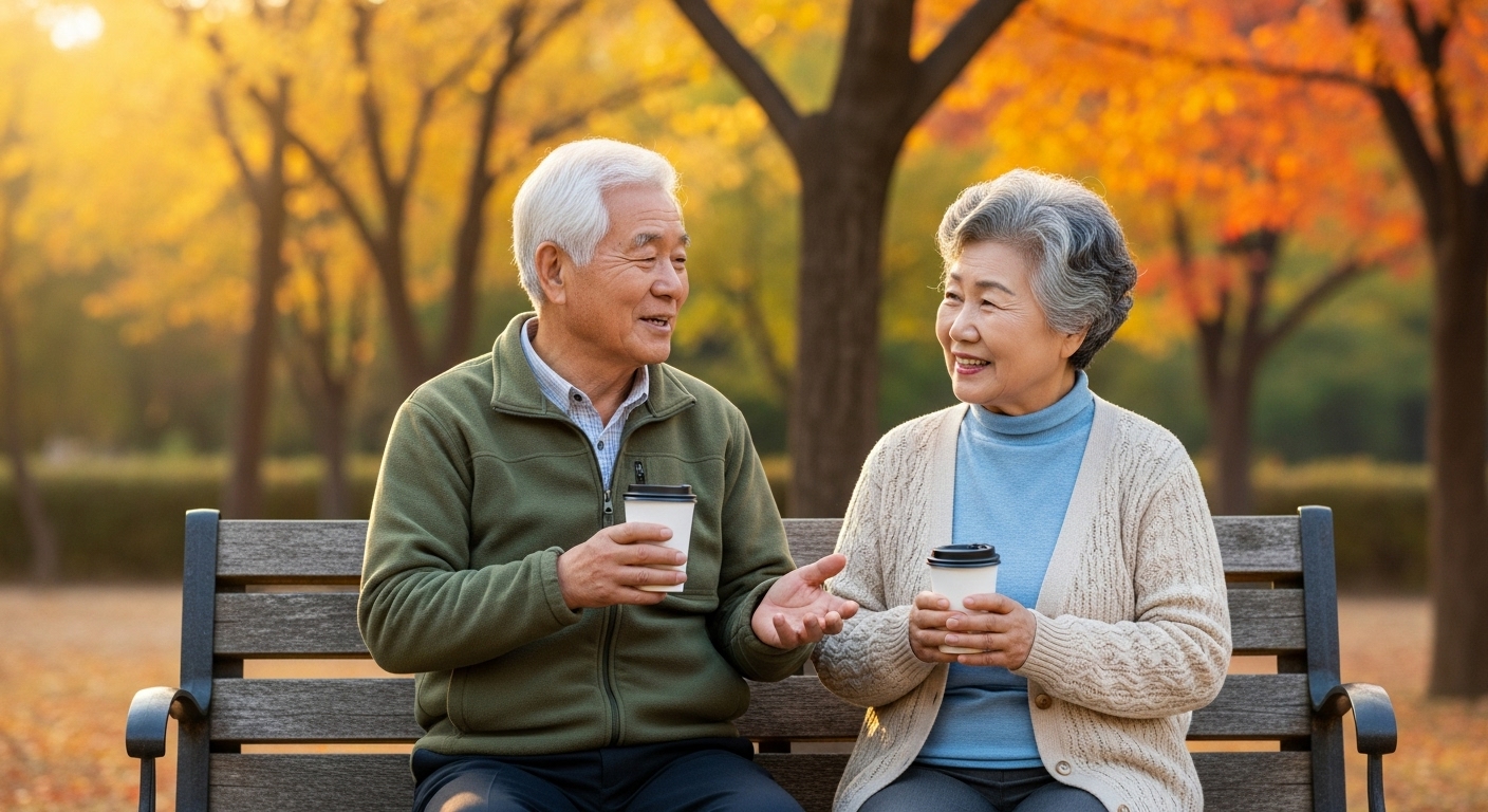 오후 공원 벤치에서 커피를 마시며 대화하는 노부부
