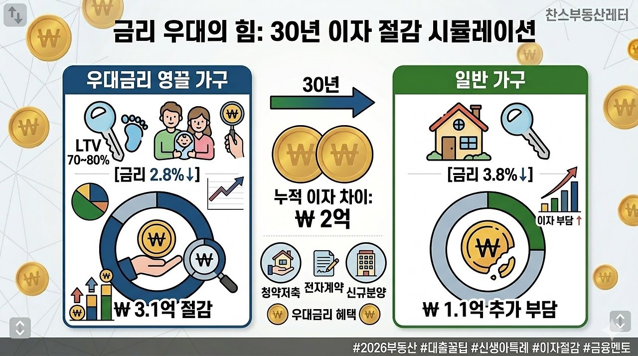금리 1.0%p 차이에 따른 30년 총 이자 비용 절감 시뮬레이션