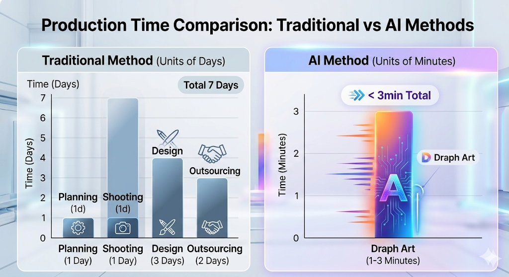 A bar chart comparing the time it takes to create a product page using traditional methods vs. AI tools
