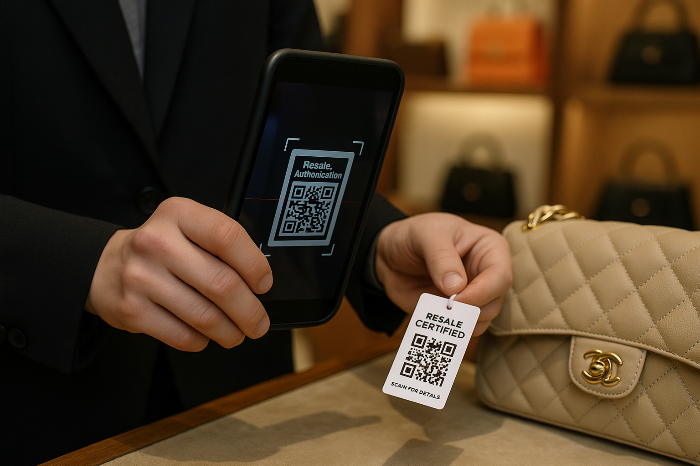 명품 매장에서 인증 QR 스캔 장면