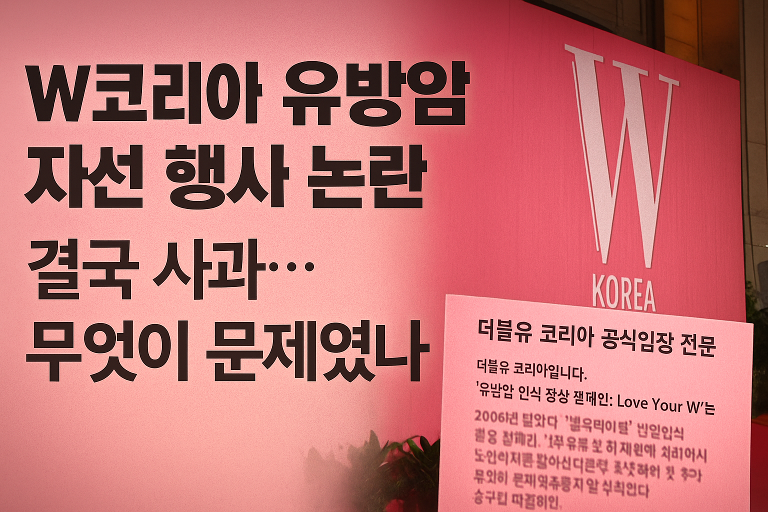 "W코리아 유방암 자선 행사 논란 썸네일 이미지 &ndash; 분홍색 배경 위에 'W코리아 유방암 자선 행사 논란, 결국 사과&hellip; 무엇이 문제였나'라는 문구와 W KOREA 로고가 함께 배치된 장면"