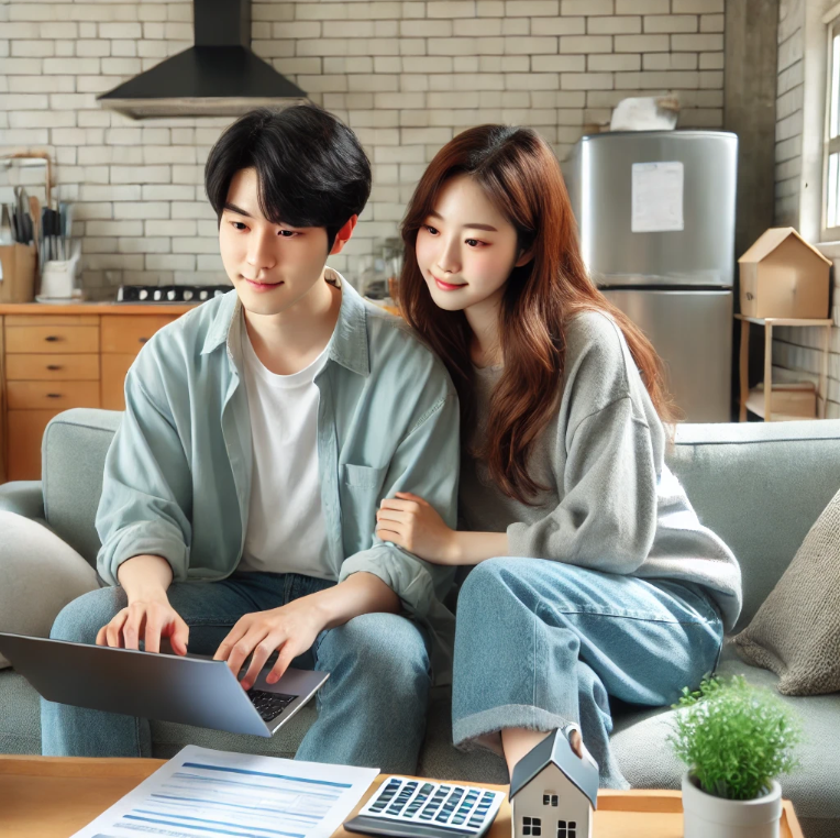 미니멀리스트 아파트에서 대출 신청 상태를 확인하는 청년 커플의 모습