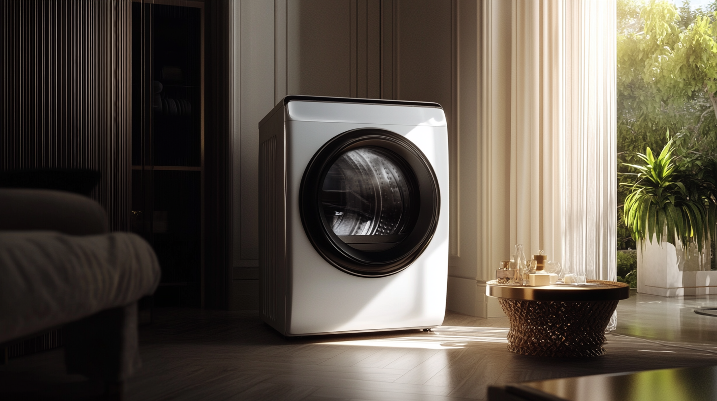 세련되고 현대적인 삼성 세탁기가 우아한 가정 환경에서 큰 용량의 드럼과 디자인을 보여주는 모습입니다.