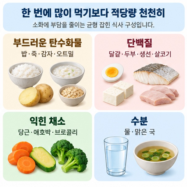 부드러운 탄수화물, 단백질, 익힌 채소와 수분을 소화 부담을 줄이는 식사 예시로 표현한 이미지