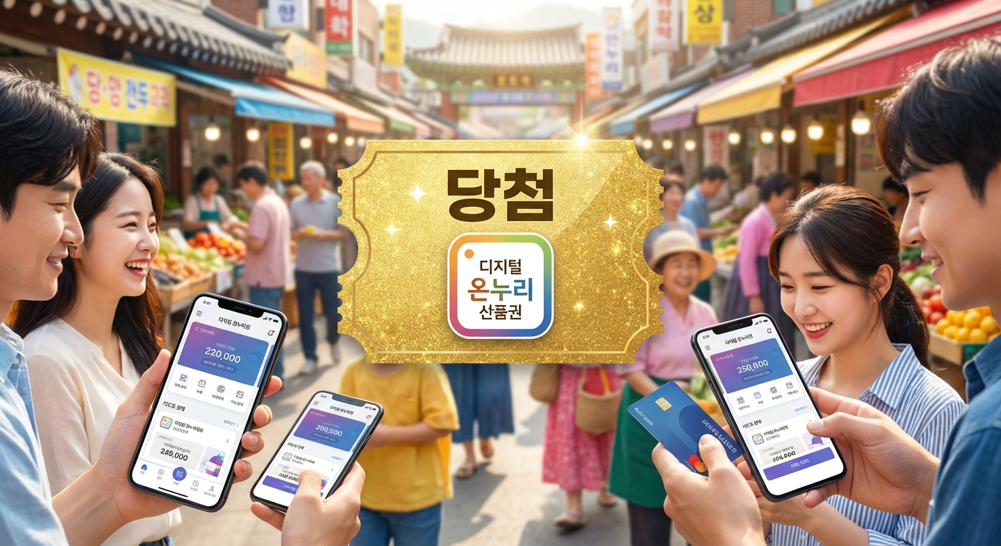 2차 상생소비복권 당첨을 알리는 디지털 온누리상품권과 활기찬 전통시장 풍경