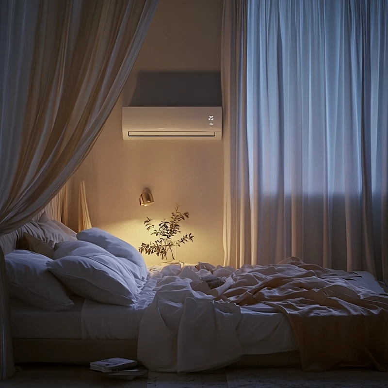 조용한 벽걸이 에어컨이 밤의 침실에서 평온함을 유지하며 편안한 수면 환경을 조성하고, 베이지톤의 차분한 색조와 섬세한 소재들이 아늑한 분위기를 만듭니다.