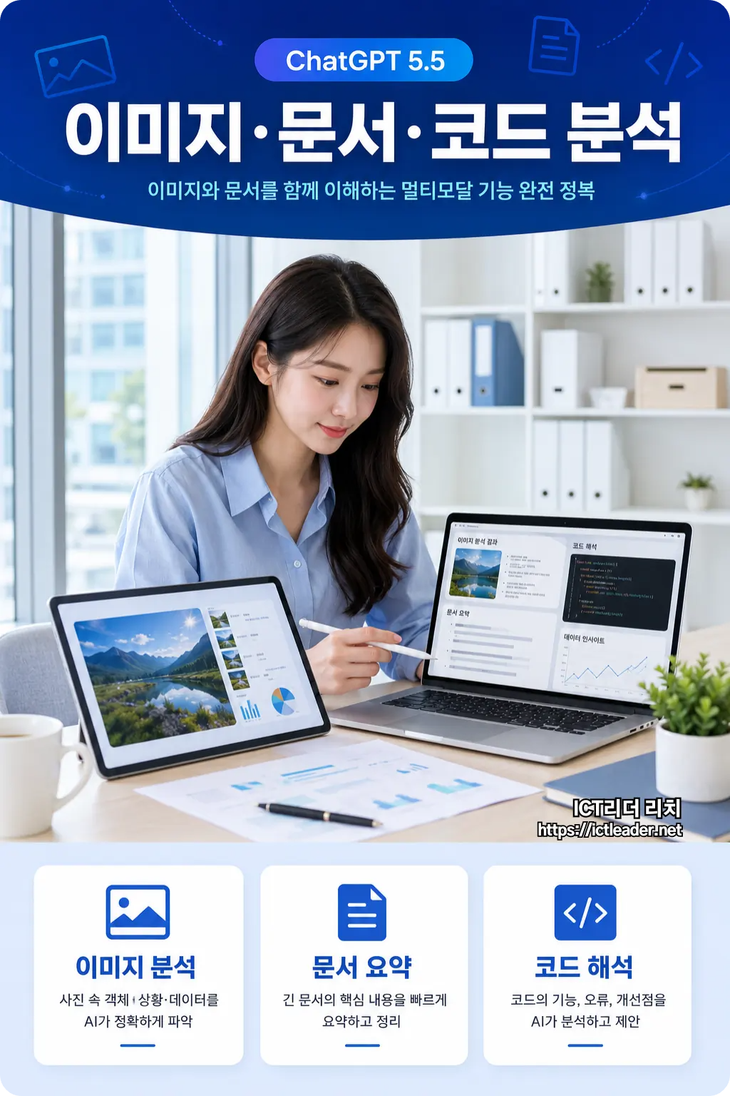ChatGPT 5.5 이미지 멀티모달 기능을 실사형 오피스 환경에서 설명하는 여성 전문가 인포그래픽