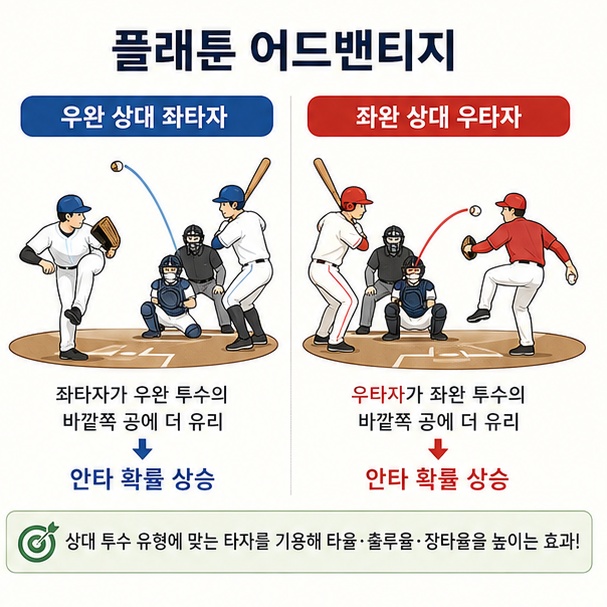 우완 투수에게 좌타자를 기용하고 좌완 투수에게 우타자를 기용해 플래툰 어드밴티지를 얻는 방식을 설명한 이미지