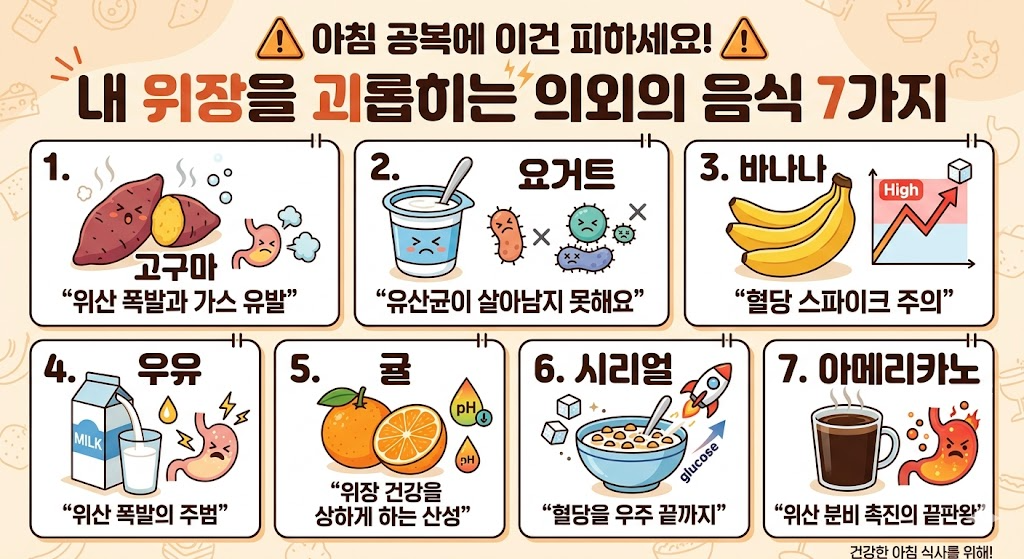 "아침 공복에 이건 피하세요!" 내 위장을 괴롭히는 의외의 음식 7가지
