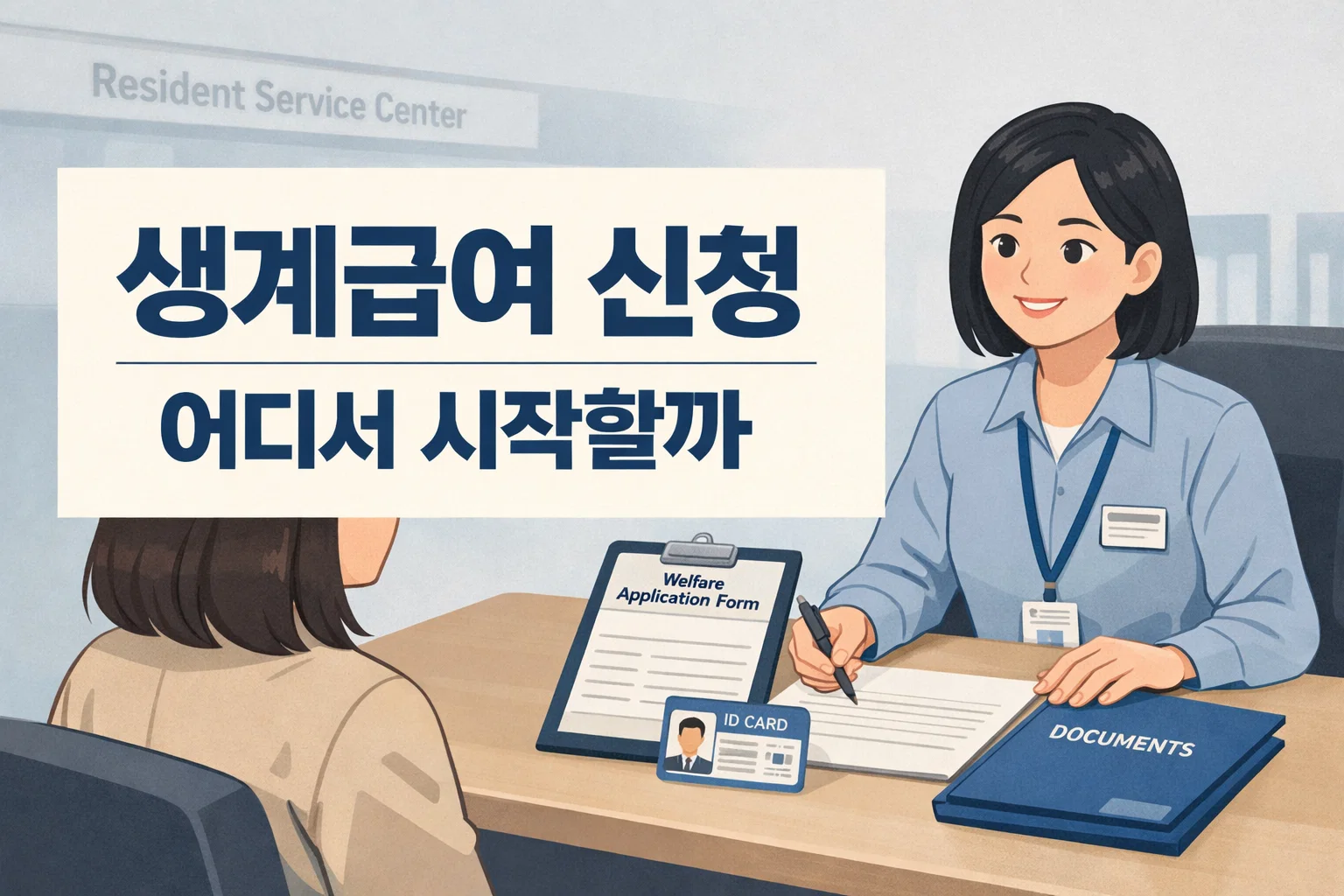 생계급여 신청을 어디서 시작해야 하는지 주민센터 상담과 접수 준비 흐름을 한눈에 이해하도록 보여주는 썸네일 이미지