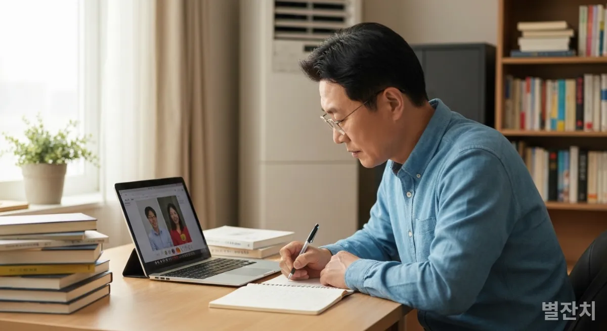 집에서 태블릿으로 온라인 강의를 들으며 평생 학습에 몰두하는 한국인 중년 남성