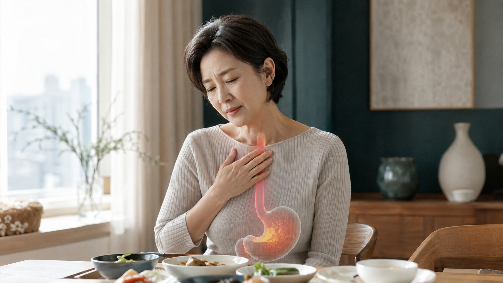식사 후 가슴쓰림과 위산 역류 증상을 느끼는 중년 여성