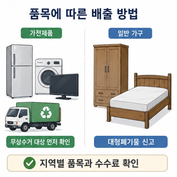 냉장고와 세탁기 같은 폐가전은 무상수거 대상 여부를 먼저 확인하고 장롱과 침대 같은 가구는 지역별 대형폐기물 신고 기준을 확인하는 모습을 보여 주는 그림