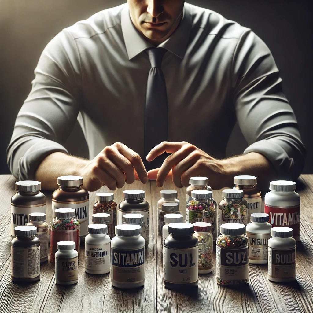 "한국 남성이 다양한 비타민과 영양제 병을 검토하며 적절한 선택을 고려하는 장면"