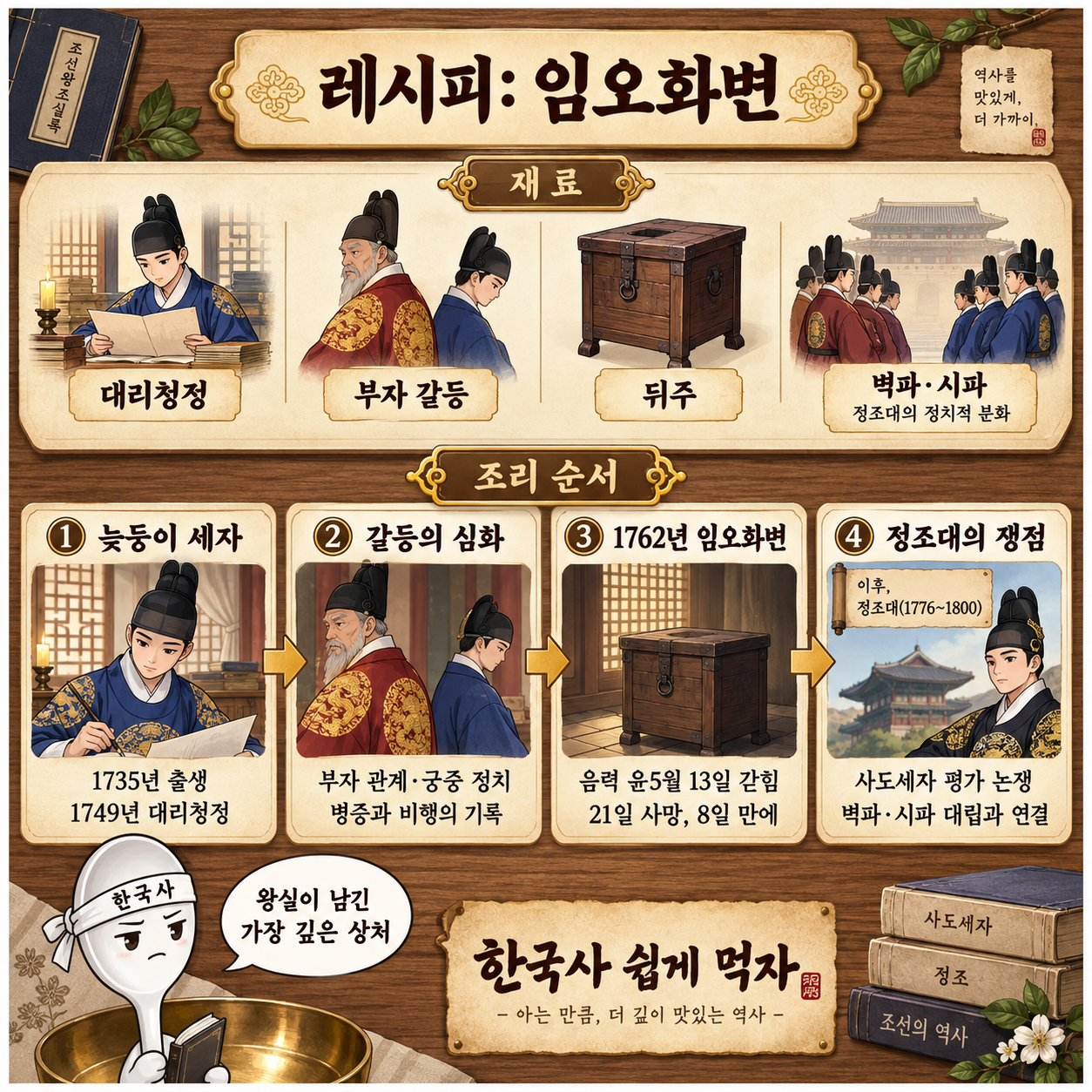 임오화변 과정을 레시피 형식으로 요약한 인포그래픽 이미지