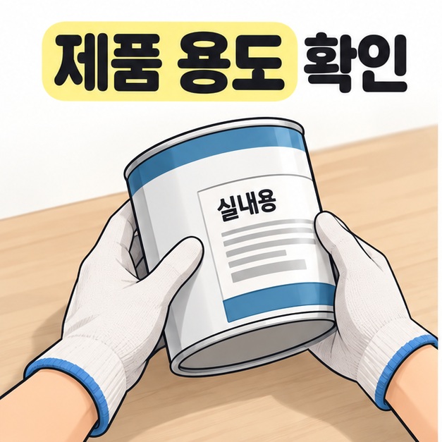 제품 용도 확인 문구 아래 장갑 낀 손으로 페인트 통의 실내용 라벨을 확인하는 장면