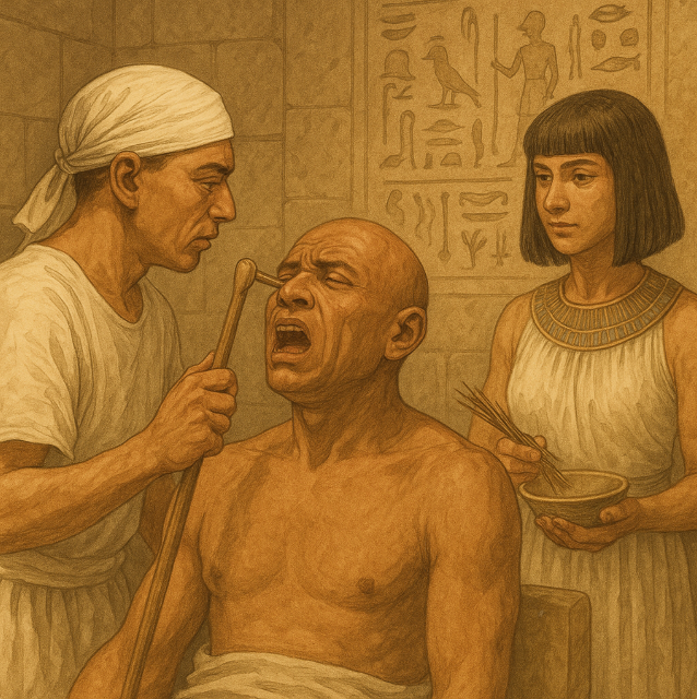 치료를 받는 이집트 남성과 약초를 든 여성 치유자의 장면