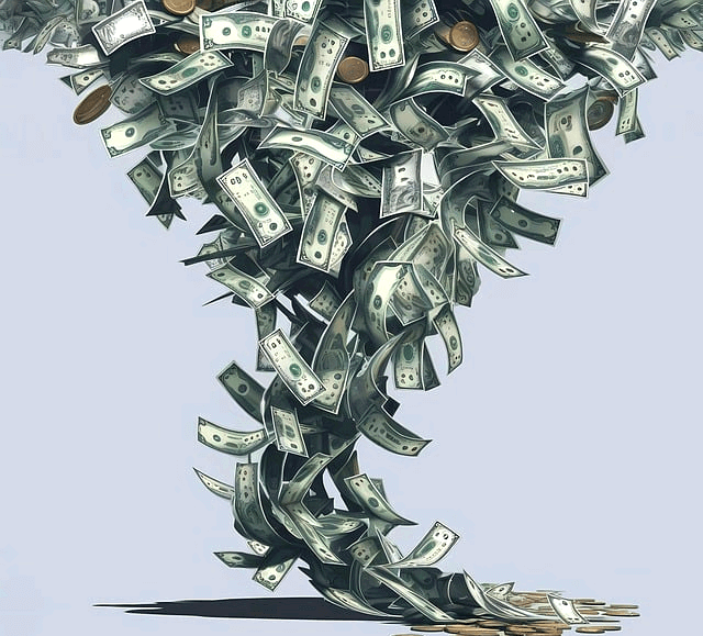 지페가 하늘에서 우수수 떨어지는 장면이다. 수만장의 지폐가 쏟아진다.