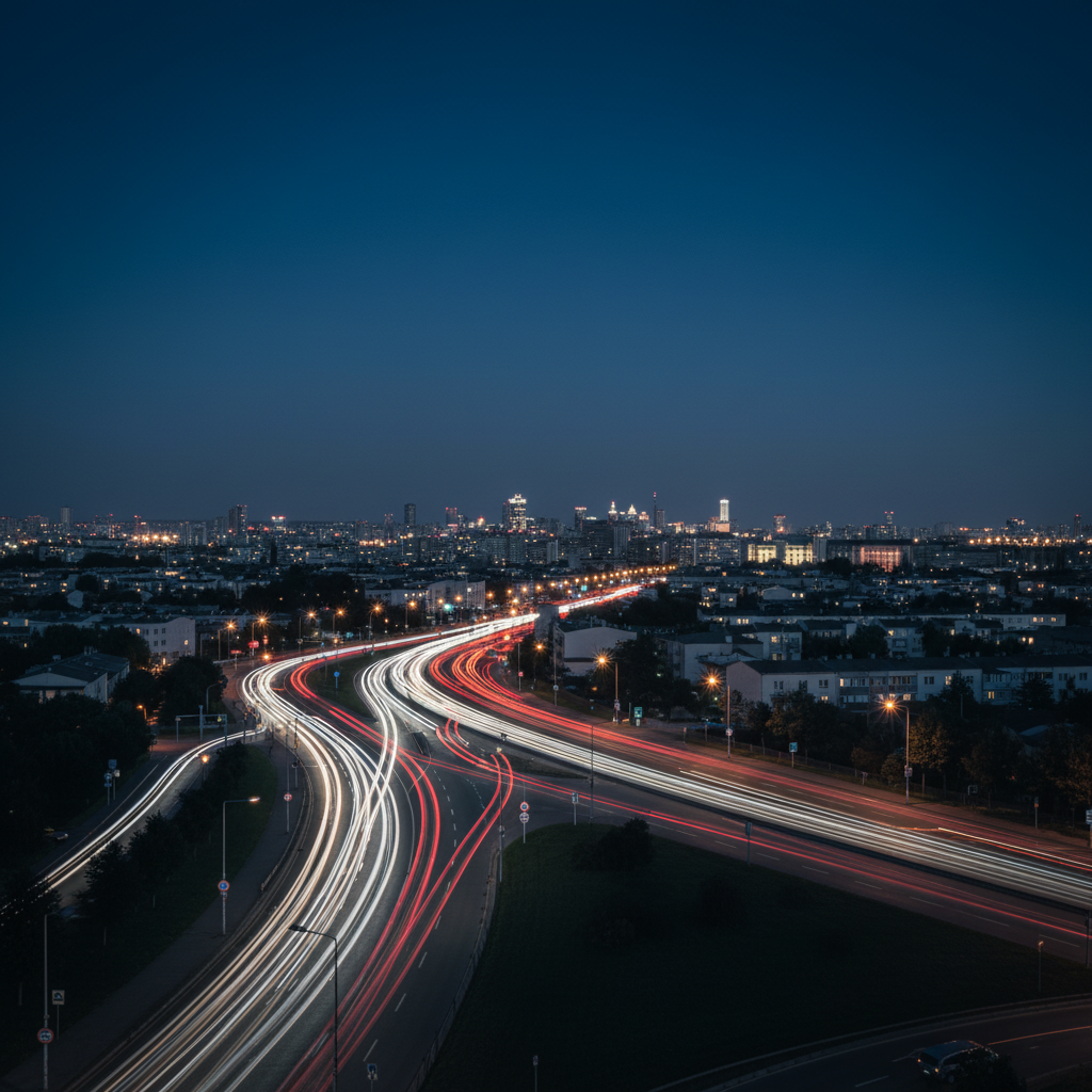 야간 도시 거리에서 빌딩 불빛과 자동차 불빛이 어우러진 고요한 분위기의 도시 야경 장면